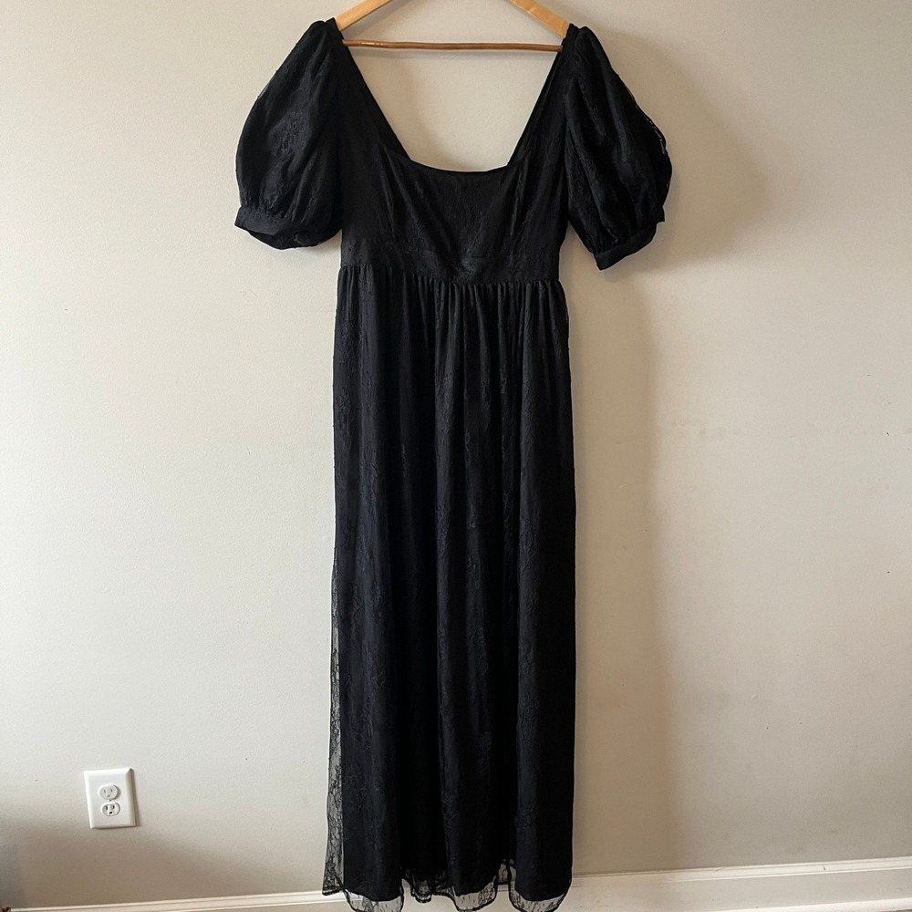 Maison Amory Lace Maxi Dress Gothic Coquette Black 2XL Puff Sleeve Ribbon Tie
